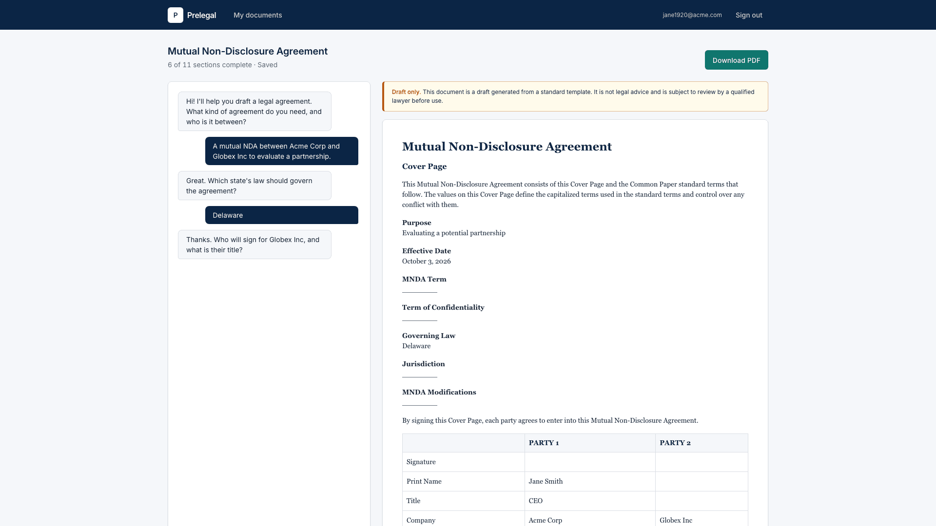 Prelegal drafting a mutual NDA: AI chat on the left, live agreement preview on the right