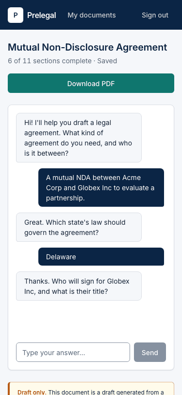 Prelegal drafting chat on a phone