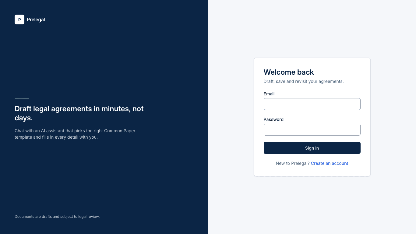 Prelegal sign-in page